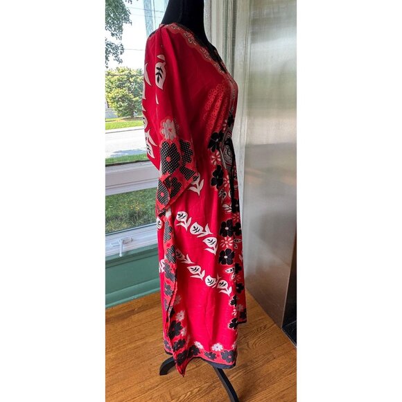 Vintage 80s muumuu, red, coral, black white floral, nylon hostess dress, cinched - Picture 7 of 9